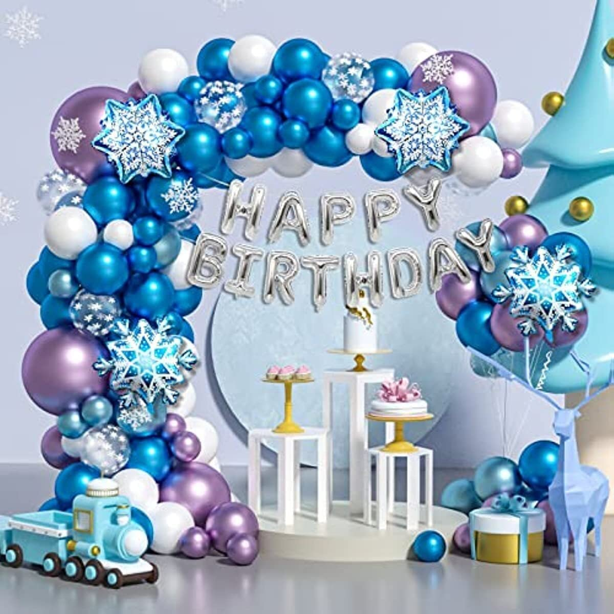 123Pcs Frozen Balloon Garland Arch Kit, White Blue Metallic Purple Latex Balloons, Snowflake Foil Balloons Happy Birthday Banners for Baby Shower Birthday Party Decorations (Frozen) image number 4