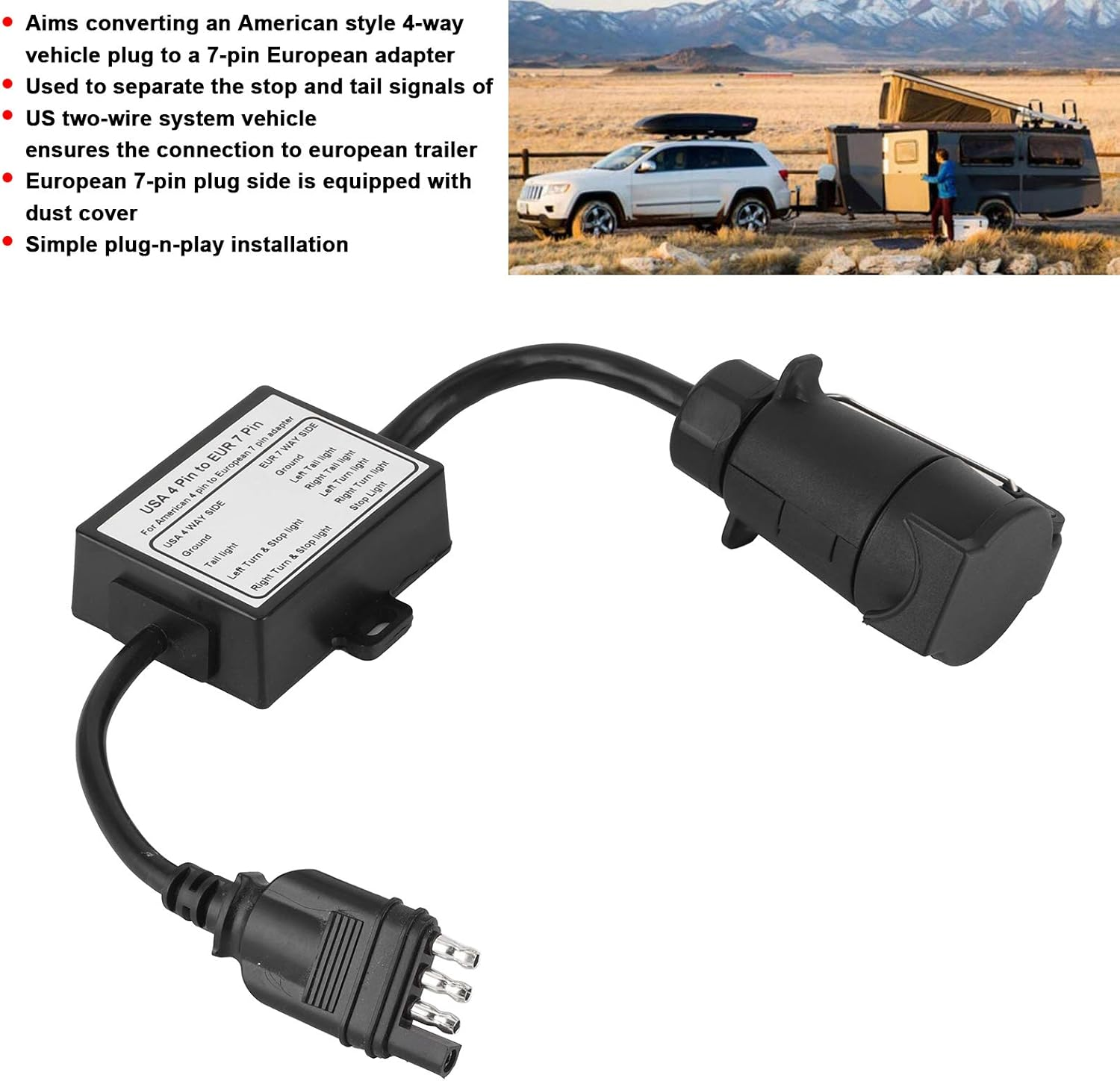 US to EU Trailer Light Converter, 4 Way Flat Connector (US Vehicle) to 7 Way round Plug (European Trailer) Trailer Light Converter, Separating Trailer Light Adapter image number 4