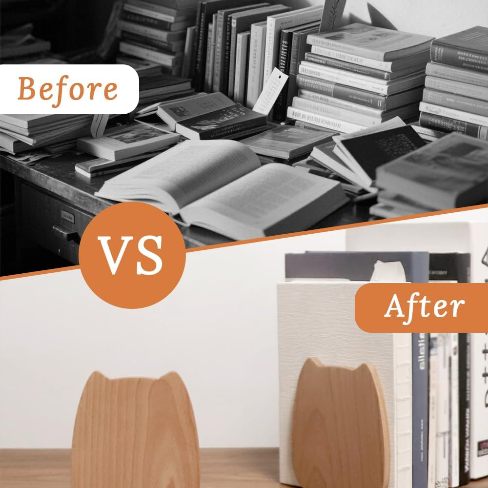 Wood Book Ends,Non-Skid Bookends for Heavy Books, Simple Wooden Desktop Bookshelf,Beechwood Cute Cat Bookends,Suitable for Home, School, Office and Library(1 Pair) image number 5