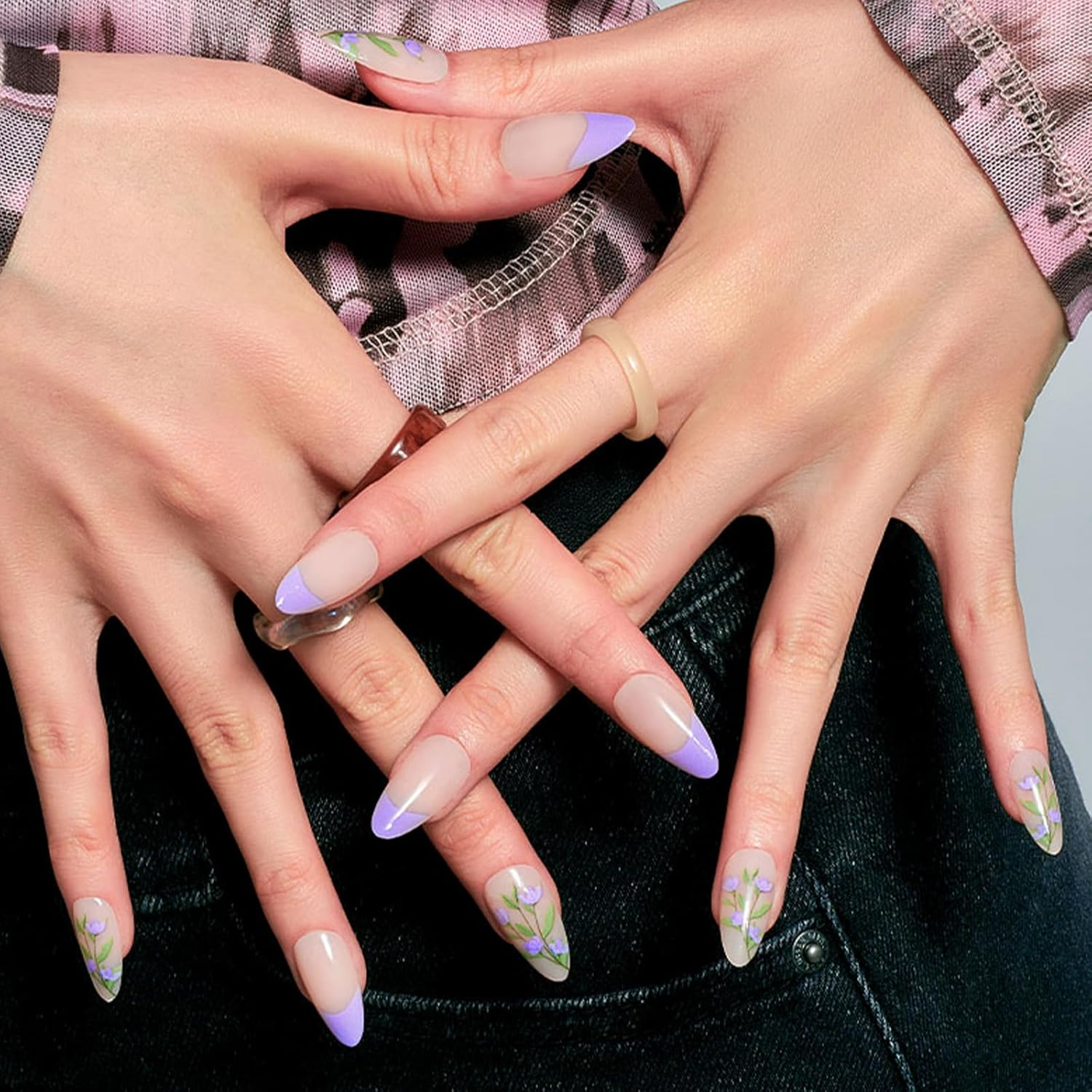 Press on Nails Medium Almond Flower Fake Nails Purple Full Cover False Nails with Flower Designs Glossy False Nails with Nail Glue Artificial Acrylic Nails for Women Girls 24 Pcs