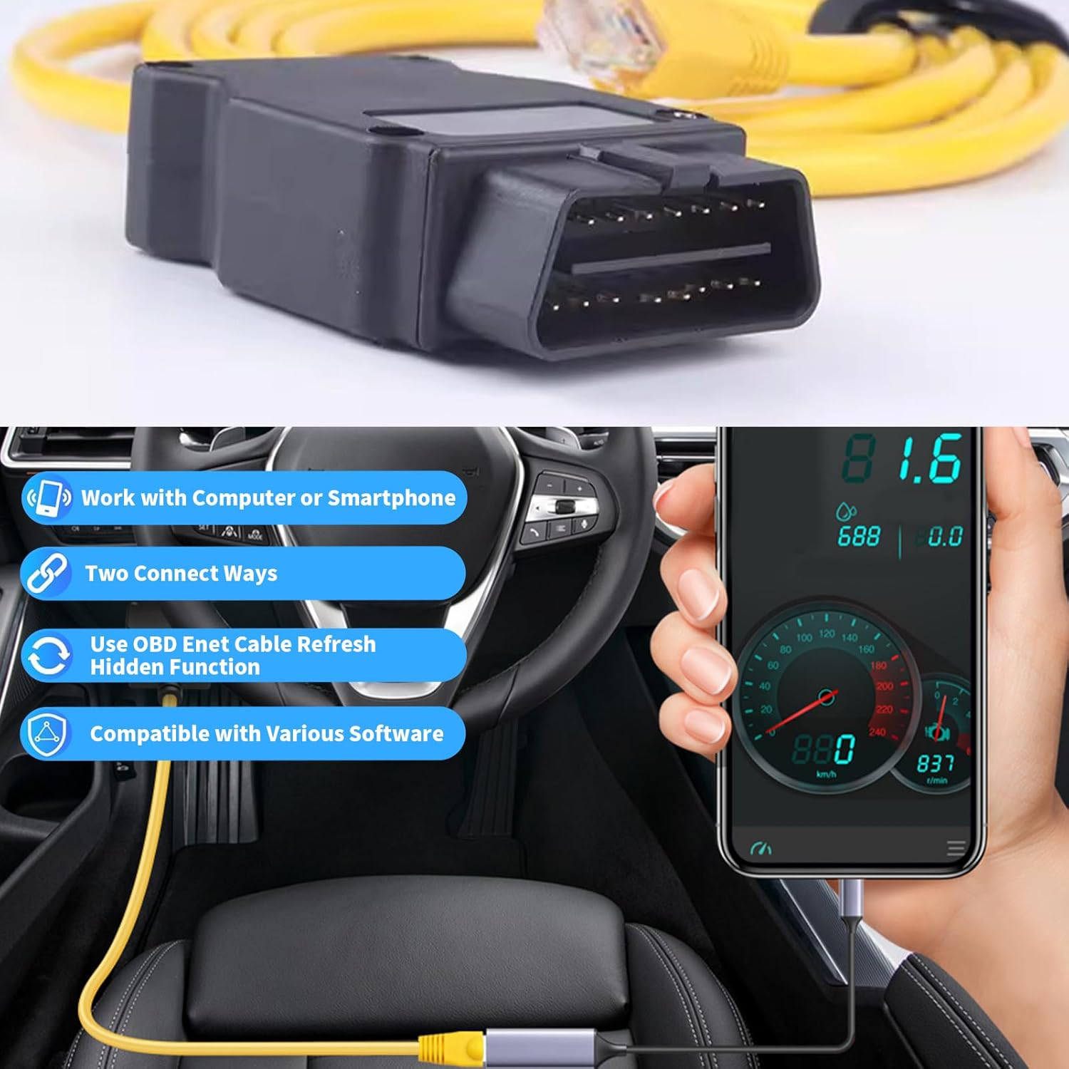 ENET OBD Adapter Compatible with BMW F-Series 1/2/3/4/5/6/7/X - 2M Ethernet Cables Diagnostic Tool for Coding & Programming, ENET Cable Interface, Cable OBD Interface Coding Diagnostics Adapter image number 1