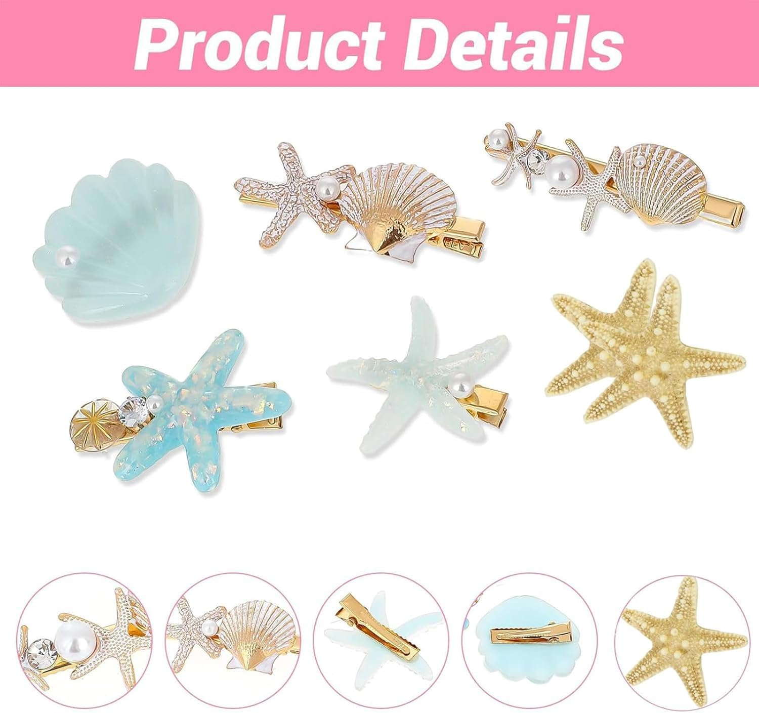 Yeanifeana 7-Piece Set Mermaid Hair Clips, Shell Pearl Starfish Alligator Clips, Waterproof Resin Mermaid Accessories for Women Girls, Beach Party Favors Gifts