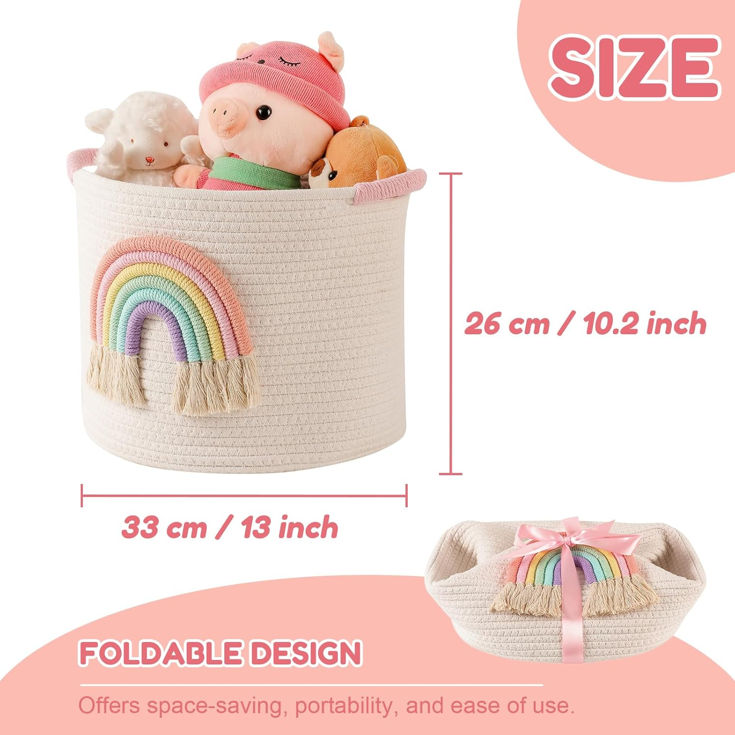 Inough Toy Storage Baskets Woven Cotton Rope Storage Basket with Rainbow Decor for Kids, Blanket Baskets for Living Room Toys Organizer Rainbow Baby Gifts Basket with Handle for Girls Nursery Playroom image number 2