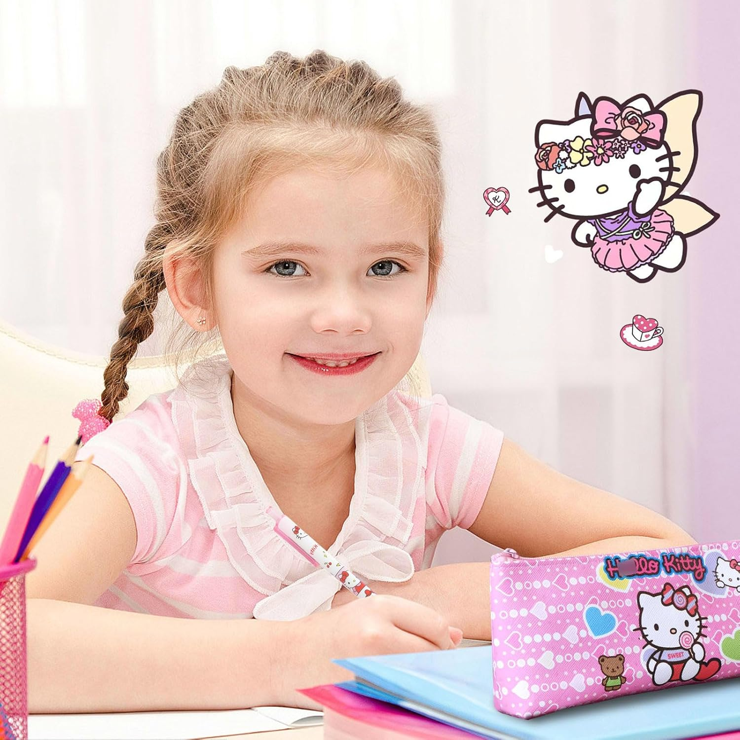 Cute Kitty School Supplies Set - Gel Pens, Journal Notebook, 50 Stickers, Pencil Cse, Kawaii Stationery Set, Back to School Gift, Red Kitty