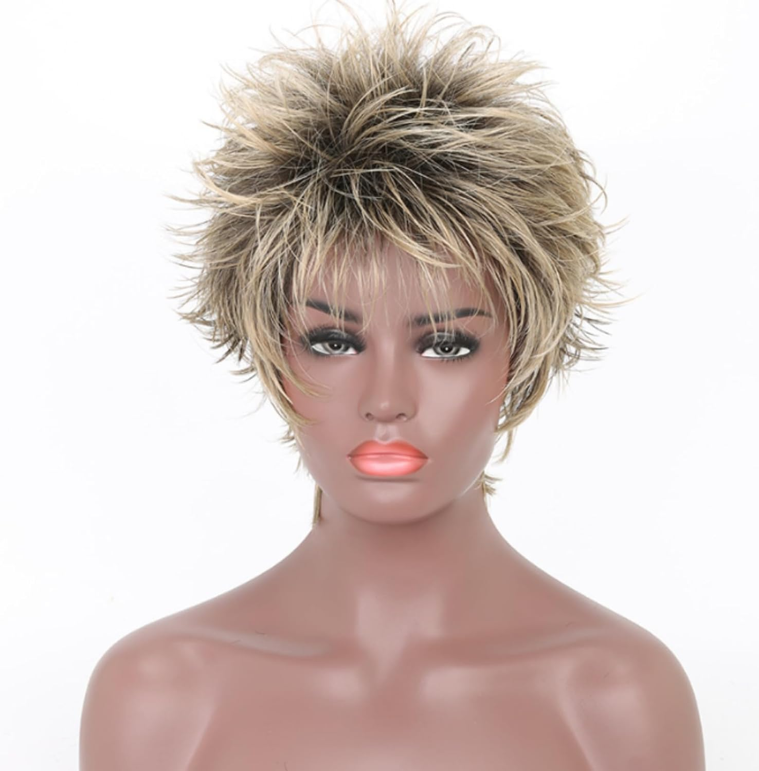 AUBWIG Brown Ombre Blonde Short Curly Hair Fluffy Hair Natural Light Curly Hair Wigs with Fringe for Women Synthetic Hair Wig Daily Wear (Brown Ombre Blonde) image number 2