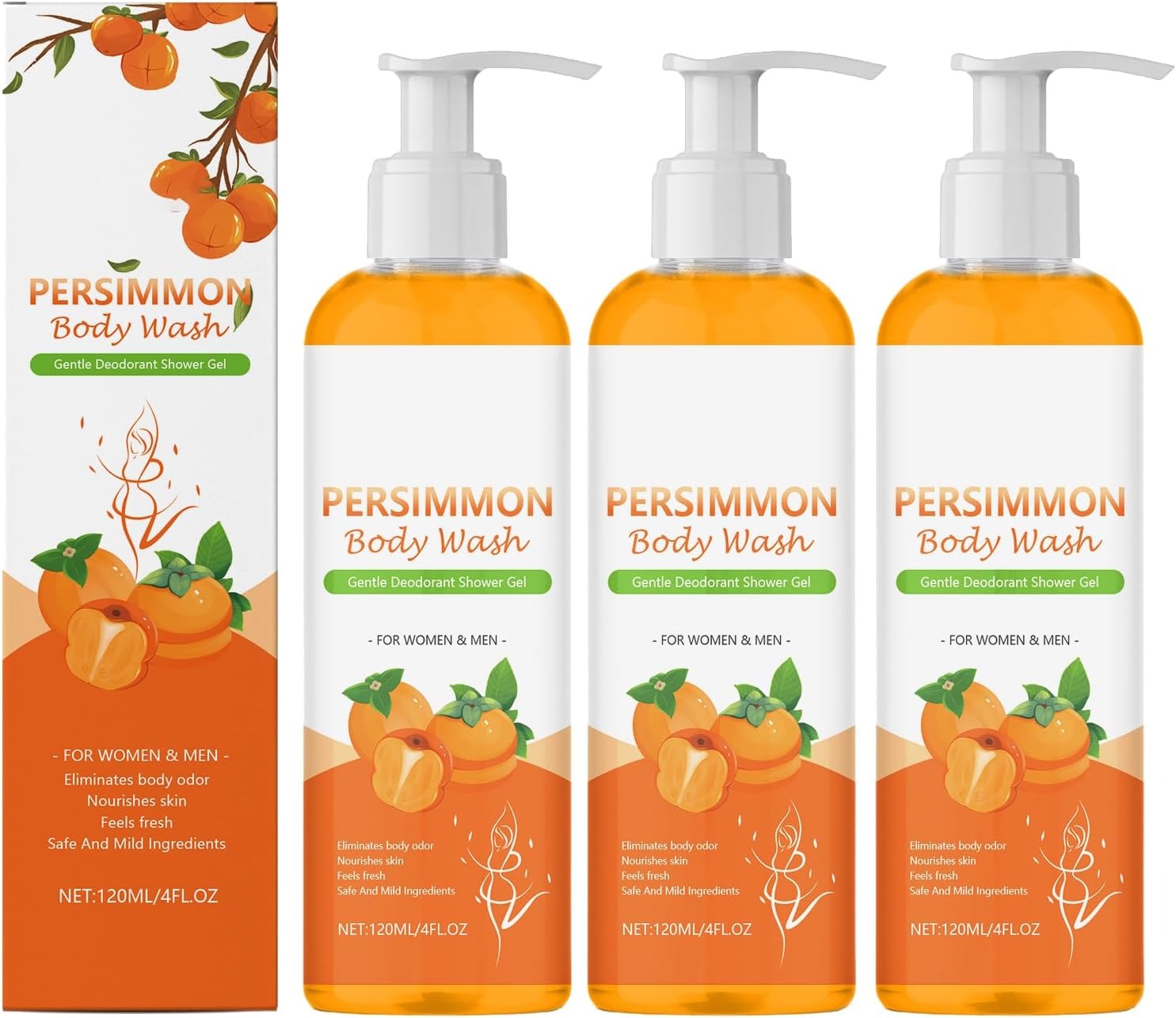 Persimmon Body Wash - Natural Deodorant Shower Gel for Strong Odor Removal, Deeply Cleansing & Moisturizing with with Persimmon & Green Tea Extracts - Fresh Scent for Old People Smell (3) image number 2