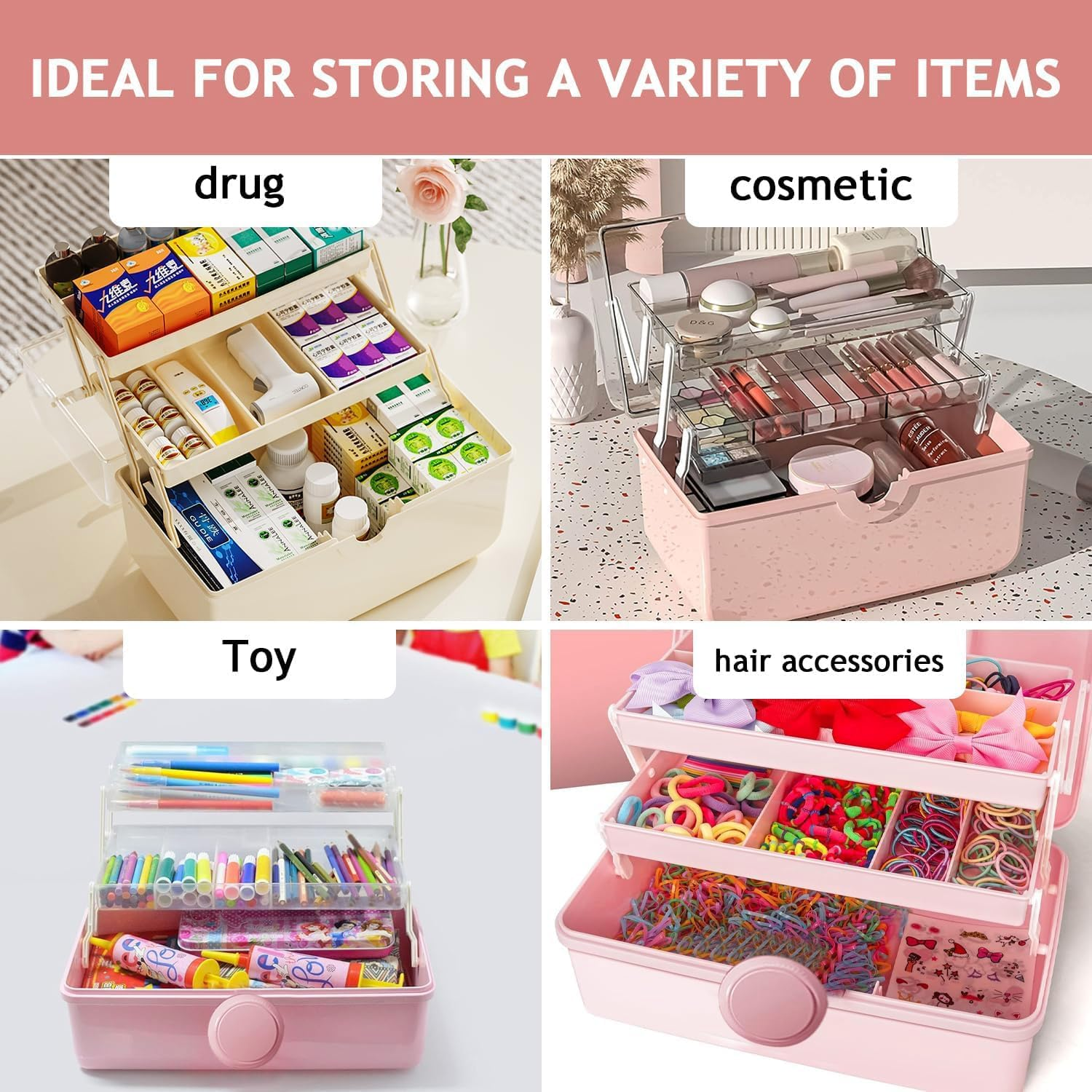 3-Shelf Multi-Purpose Storage Box,Plastic Medical Storage Containers Medicine Box, Large Portable, Sorting Boxes for Small Parts, Hair Accessories and Cosmetics, Medicine Organiser, Craft Organiser image number 1