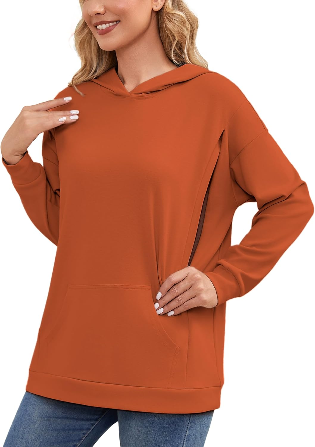 Ecavus Women'S Maternity Nursing Sweatshirt Hidden Zipper 2025 Long Sleeves Oversize Breastfeeding Pullover Tops with Pockets