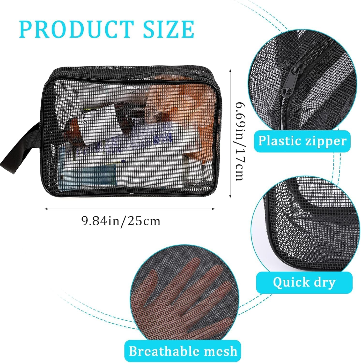 Black Mesh Shower Caddy Toiletry Bag, Portable Zippered Shower Bag with Handle for Bathroom & Dorm Room - Black image number 3