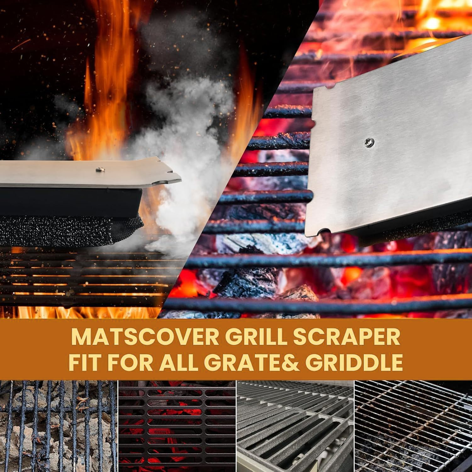 Grill Brush BBQ Cleaner Brush - Barbecue Brush for Outdoor Grill with 2 PCS Replacement Cleaning Head, Grill Cleaning Brush Bristle Free with Stainless Steel Scraper & Wooden Handle for Most Grate image number 4