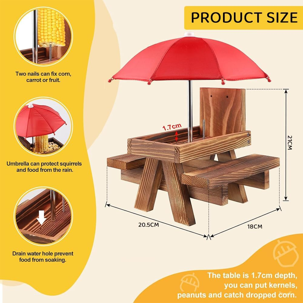 HYAVIA Wooden Squirrel Feeder with Umbrella &ndash; Picnic Table Design with Corn Holder, Hanging Chipmunk Feeding Station for Outdoors, Solid Screwed Wood image number 6