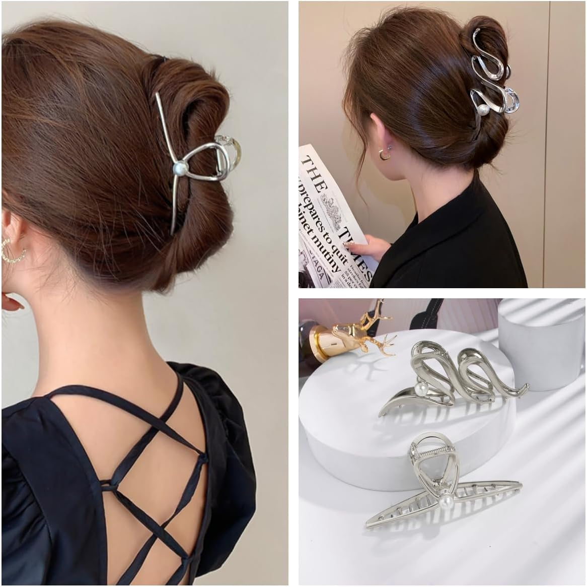 3 Pack Hair Claw Clips for Thick Long Hair, Silver Metal Wave Cross with Peal Big Jaw Clamps Hair Accessories for Women, Fashion Elegant Aesthetics Variety Hairgrip Styling Tools image number 5
