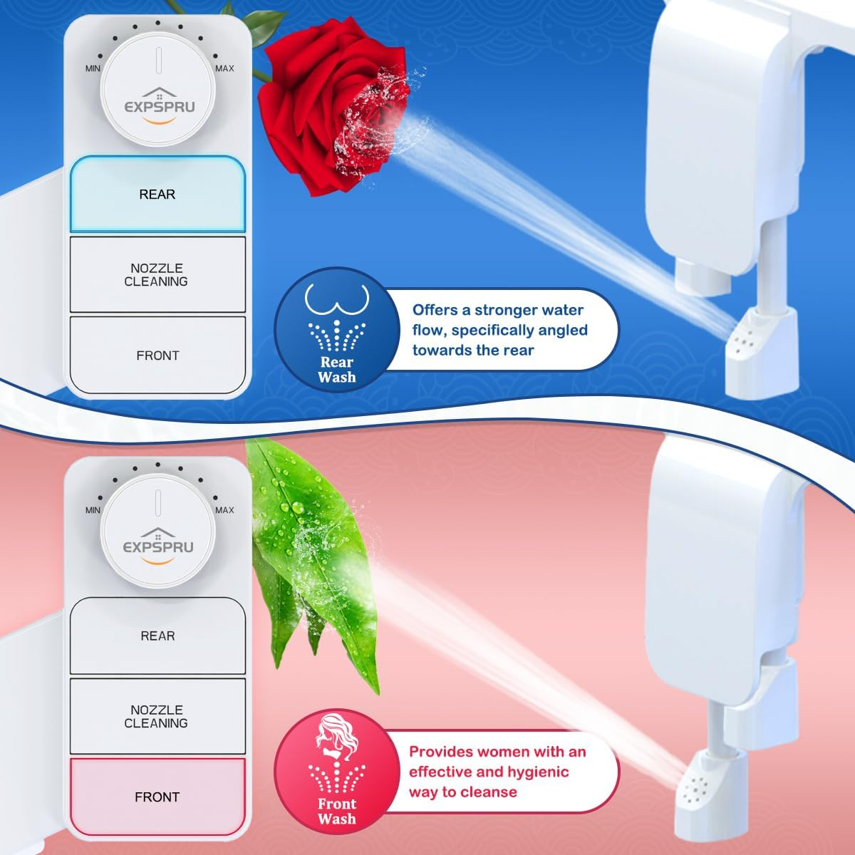 Expspru Bidet Attachment for Toilet,Self Cleaning Non-Electric Dual Nozzle (Frontal & Rear Wash),Ultra-Slim Cold Water Bidet Toilet Seat Attachment with Pressure Controls,White