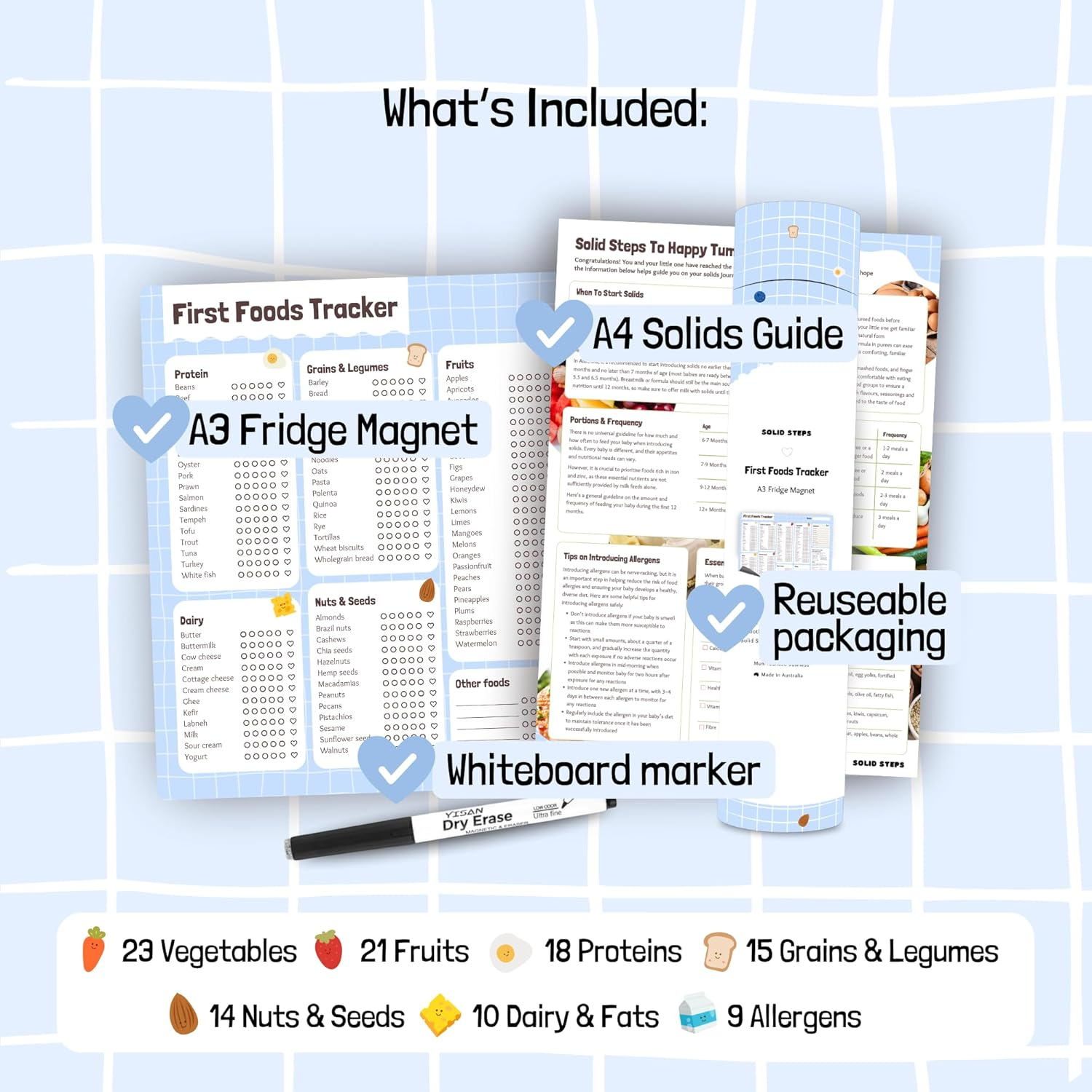 Solid Steps Baby First Foods & Allergens A3 Fridge Magnet &ndash; Whiteboard Tracker, Weaning Chart, Daily Food Log & Checklist &ndash; 130+ Solid Foods & Top 9 Allergens