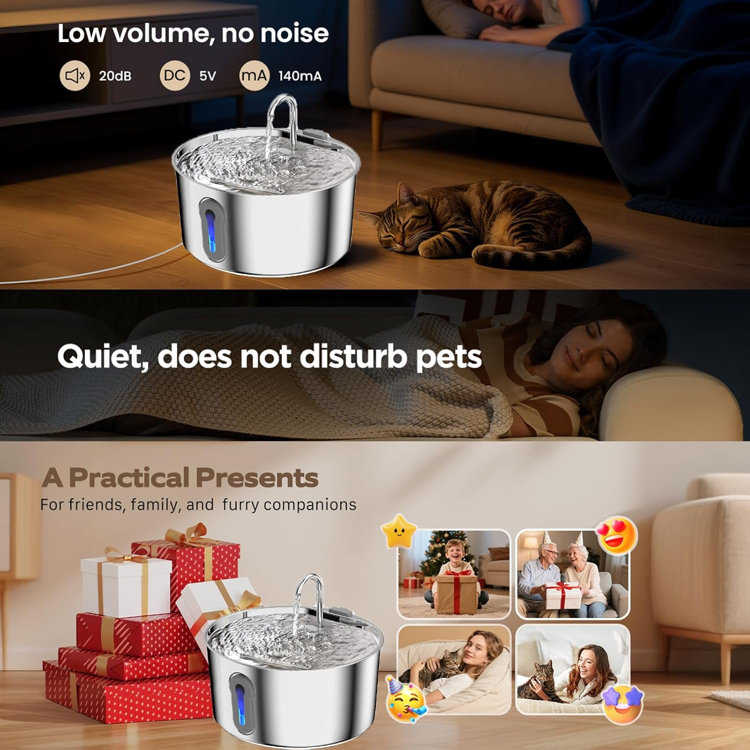 Cat Water Fountain Stainless Steel 4 L for Cats inside -Automatic Dog Watering Dispenser Bowl - Pet Feeding with LED Faucet Water Level Window Ultra Quiet Pump