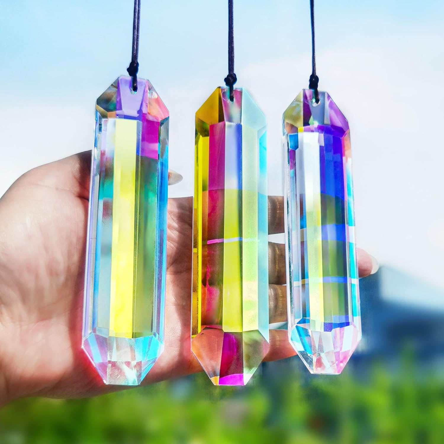 HDCRYSTALGIFTS Set 2 Crystal Sun Catcher Prisms Pendant for Window Hanging Decor,3Inch AB Colored Crystal Suncatchers Rainbow Maker Light Catcher for Home Indoor Garden Ornament