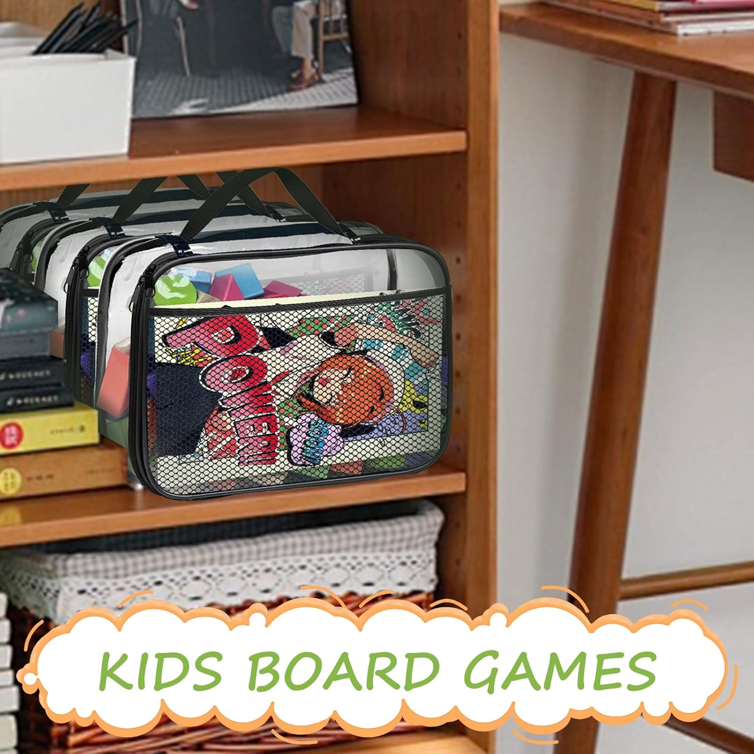 VERONLY 4 Packs PVC Toy Zippered Blocks, 13.3"X3" X10.4" Travel Storage Case Bags for Organizing, Waterproof Toy Storage Bags with Mesh Pockets for Building Blocks, Puzzles, Clays,Toy Cars (Black)