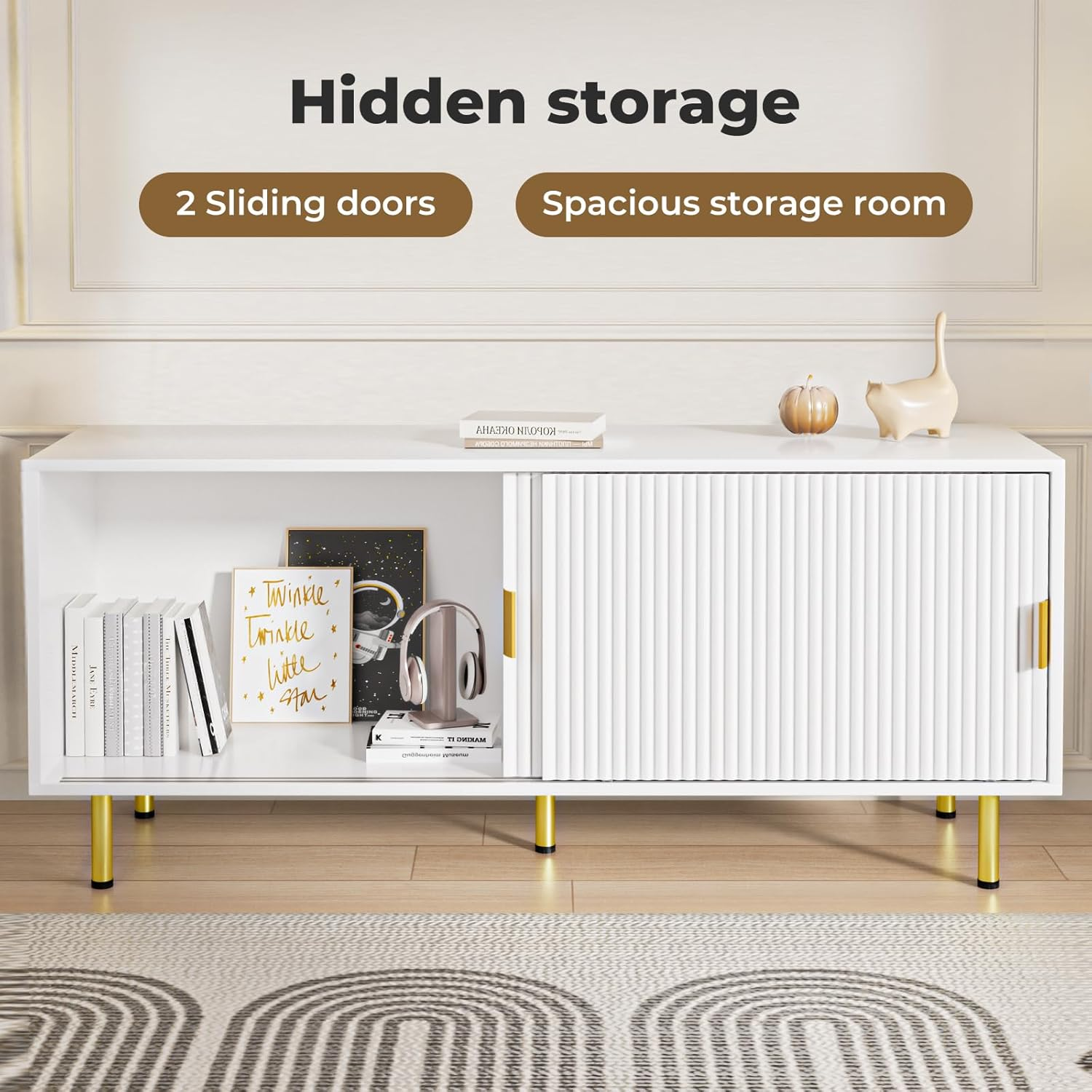 Levede TV Cabinet, 120Cm Entertainment Center TV Unit Stand with 2 Sliding Door, TV Console Table with 2 Storage Cabinets, Media Cabinet for Living Room, Bedroom and Office,Gold Leg, Handle,White