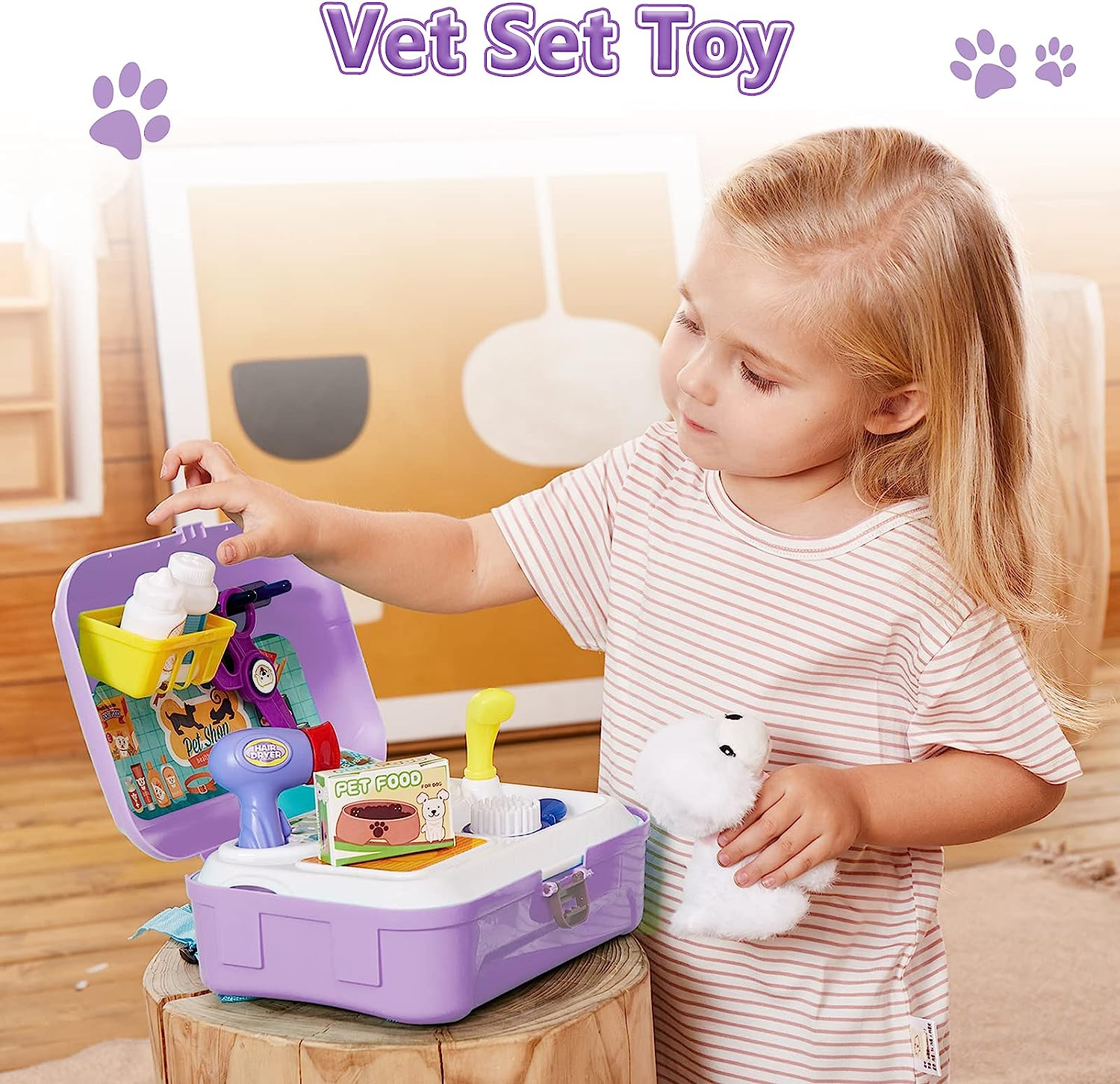 HERSITY Kids Vet Kit Dog Grooming Toy Pet Care Role Play Games Animal Dolls Pretend Play Pet Carrier Set Toys 3 4 5 Year Old Girls Boys Children Gifts image number 5