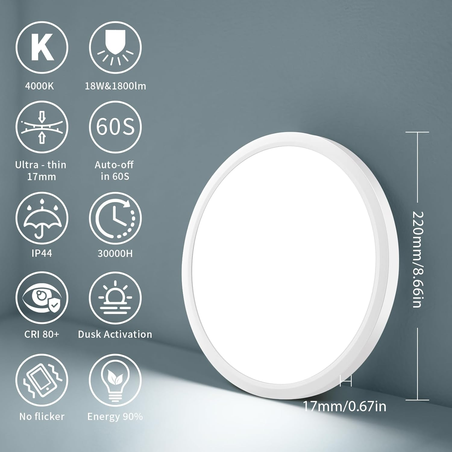 LED Ceiling Light with Motion Sensor 22Cm,18W round Ceiling Lamp PIR Motion Detector Indoor, Twilight Sensor, Neutral White for Bathroom, Hallway, Kitchen, Balcony, Cellar, Garage, Attic (22CM)