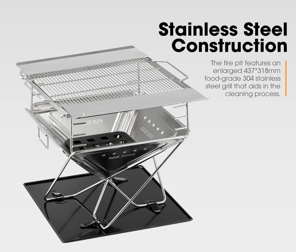 SAN HIMA Portable Camping Fire Pit 43CM X 43CM with Handle - Adjustable Grill & Side Plates Heavy Duty 304 Stainless Steel Foldable Firepit with Carrying Bag for Outdoor Camping BBQ image number 1