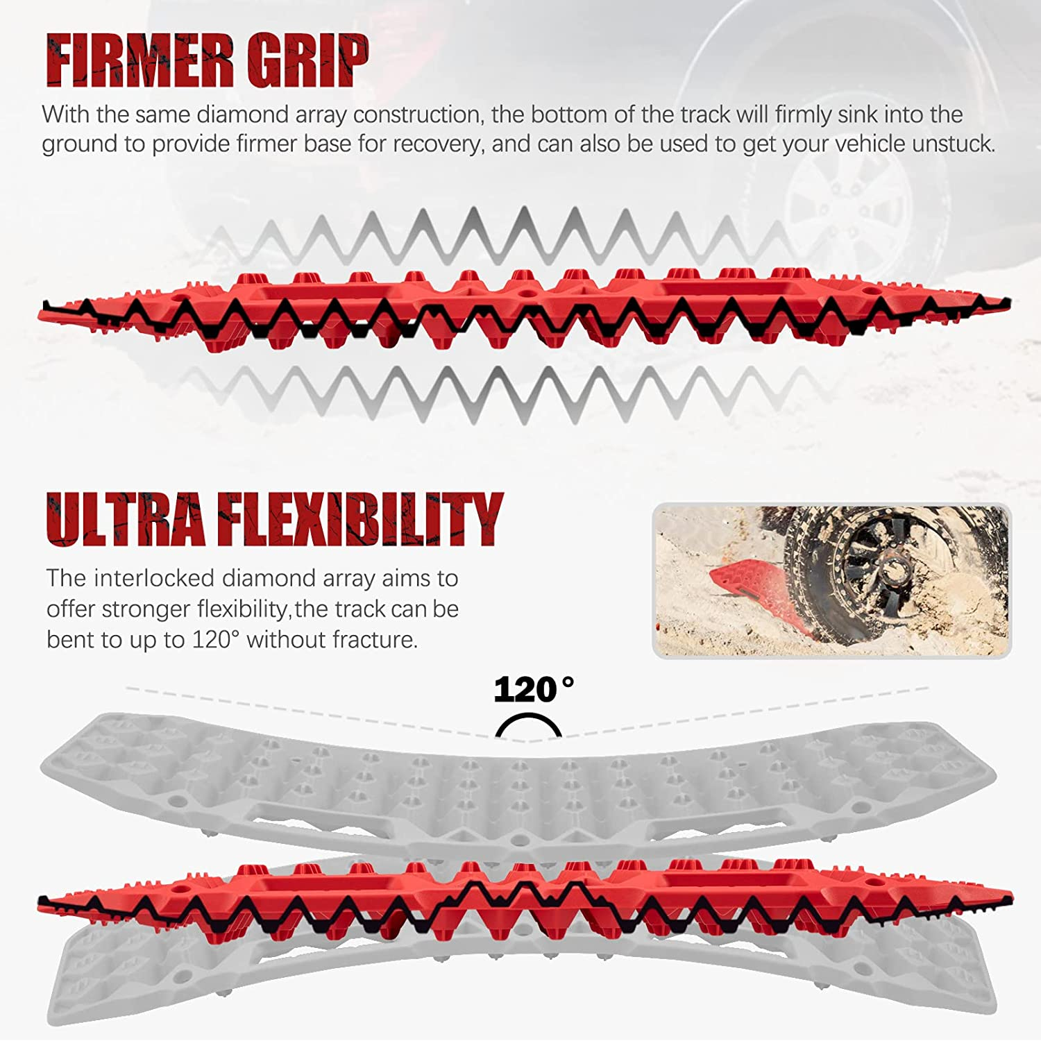 BUNKER INDUST Recovery Traction Boards - Bentable 120&deg; Load Capacity 10 Tons Offroad Tracks for ATV UTV 4WD 4X4 for Automotive Accessories Tires and Wheels in Sand Snow Mud, Red image number 3