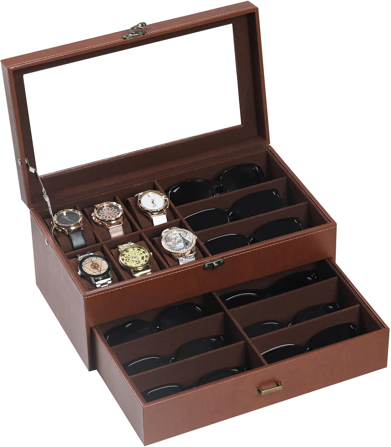 AUTOARK Leather 6 Watch Box Jewelry Case and 9 Piece Eyeglasses Storage and Sunglass Glasses Display Drawer Lockable Case Organizer,Black,Aw-048