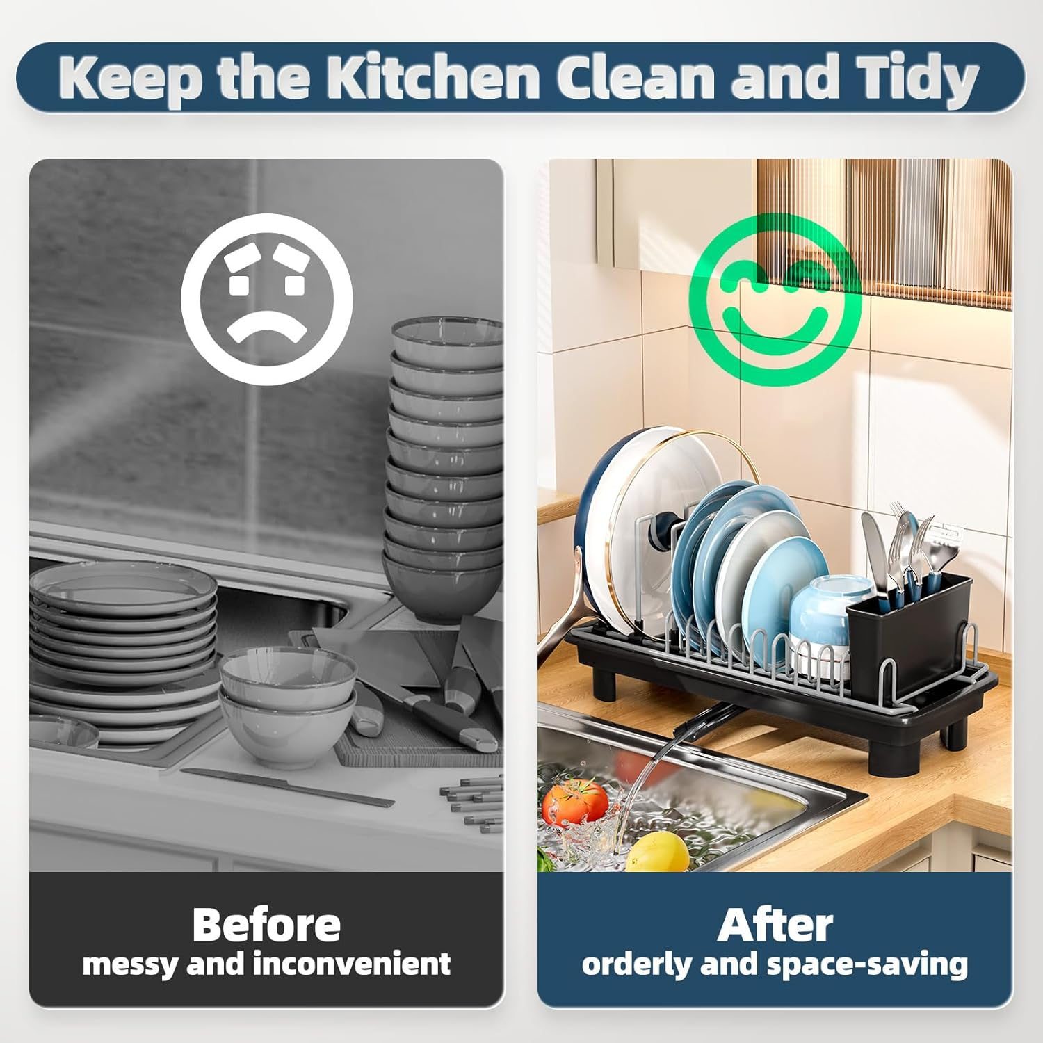 Sandream Small Dish Drying Rack, Compact Dish Rack for Kitchen Counter with Removable Cutlery Holder, 360&deg;Rotating Spout, Multifunctional Stainless Steel Dish Drainer, Space Saving image number 3