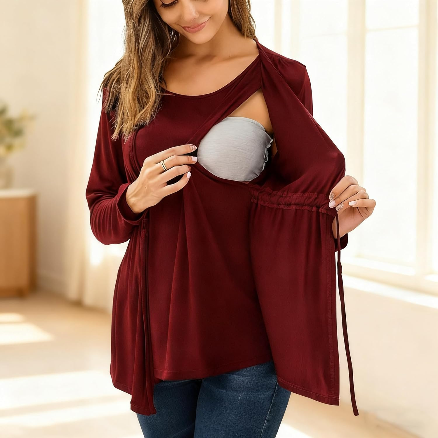 Fashionable Faux Two-Piece Maternity T-Shirt, Long-Sleeve Nursing Top, Fall/Winter Style. image number 3