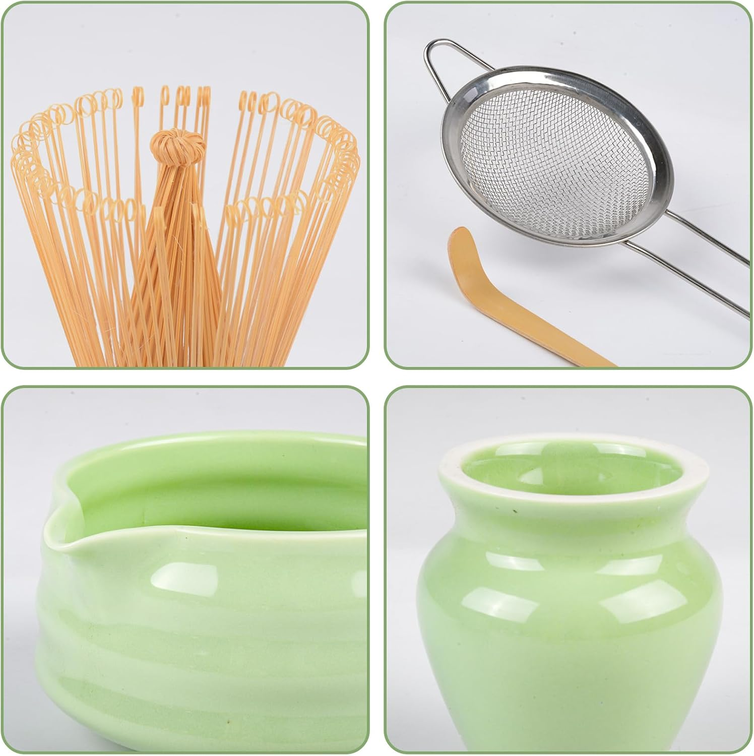 5 Pcs Matcha Tea Kit,Japanese Household Matcha Tea Set with Bamboo Whisk, Ceramic Whisk Holder, Traditional Scoop, Matcha Bowl with &lrm;Pouring Spout Design, Japanese Tea Set with Sifter(Green) image number 1
