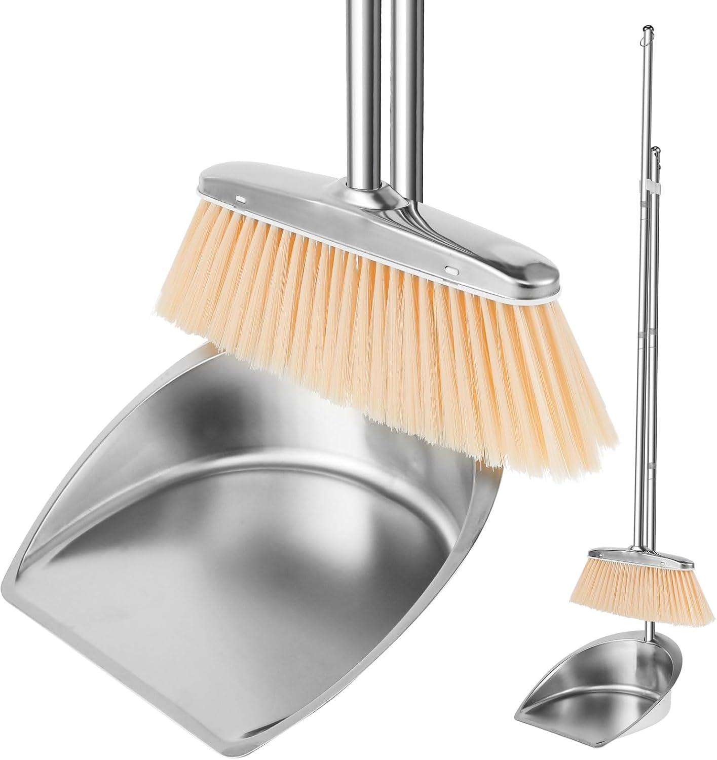 Broom and Dustpan Set Stainless Steel Upright Broom Dustpans with Long Handle Heavy Duty Dustpan Broom Combo Set Portable Sweeper and Dustpan Set for Home Office Dorm (Square)