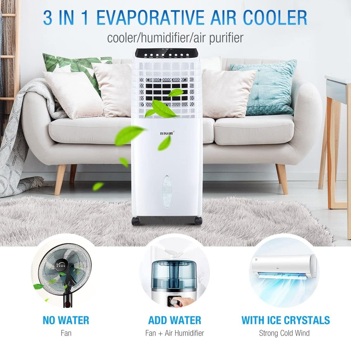 Maxkon 10L Portable Air Conditioner with 1300Cbm/Hour Air Flow Evaporative Air Cooler Fan with Ionizer/Humidifier Conditioner for 20-30CBM Home, Office image number 1