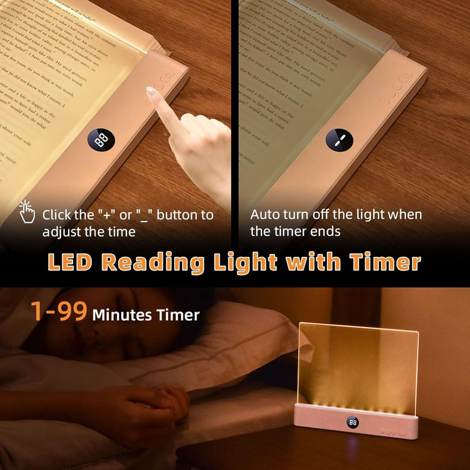 Book Light, Rechargeable Clear LED Flat Book Lights for Reading in Bed at Night with 3 Colors & Timer, Dimmable Panel Plate Books Lamp Full Page Lights, for Women Readers Kids Books Lovers - Pink image number 6