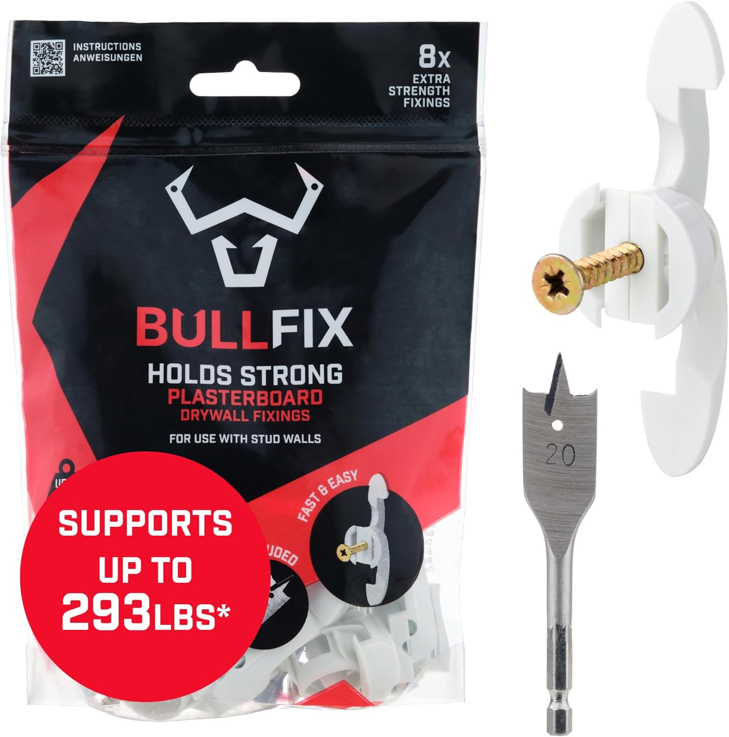 Bullfix 'Extra' Starter Pack - Heavy Duty Plasterboard Fixings for Stud Walls, Hollow & Cavity Wall Fixing, Superior to Drywall Anchors & Snap or Spring Toggle Fittings, up to 133Kg, DIY & Trade image number 3