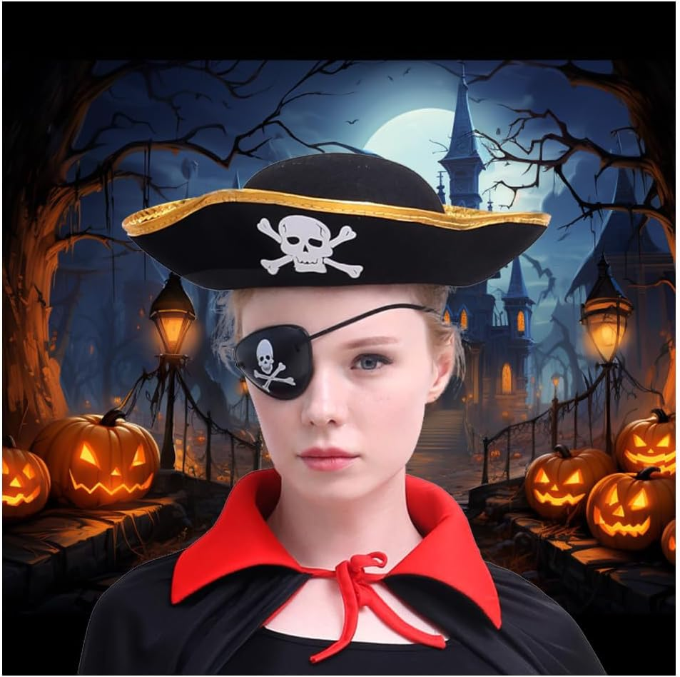 Pirate Hat Eye Patch,Costume Accessory for Pirate Masquerade Party, for Kids and Adults Captain Costume image number 1