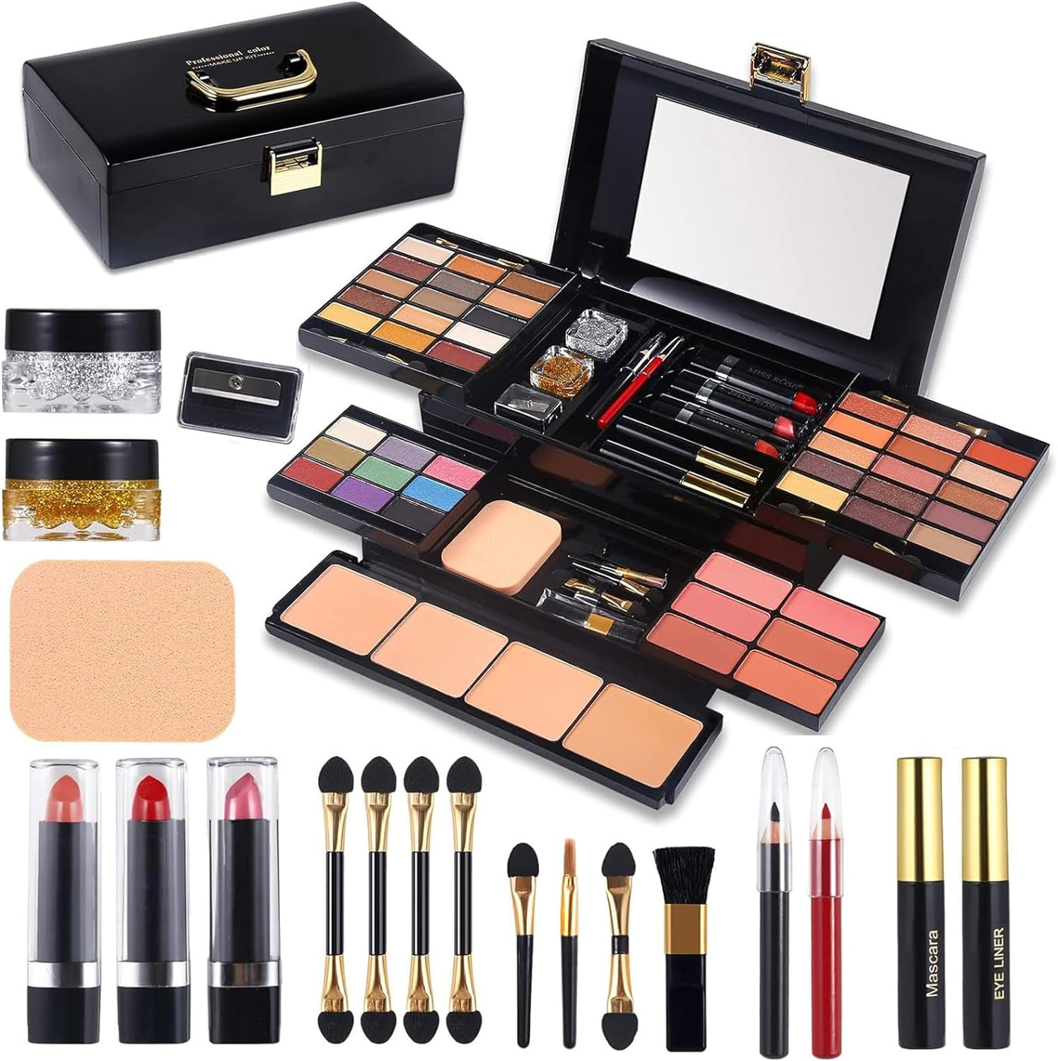 Roseflower 39 Colors Cosmetic Palette, All-In-One Makeup Kit, Essential Starter Set for Beginners or Pros, Includes Eyeshadow, Lip Gloss, Blusher, Eyeliner, Mascara