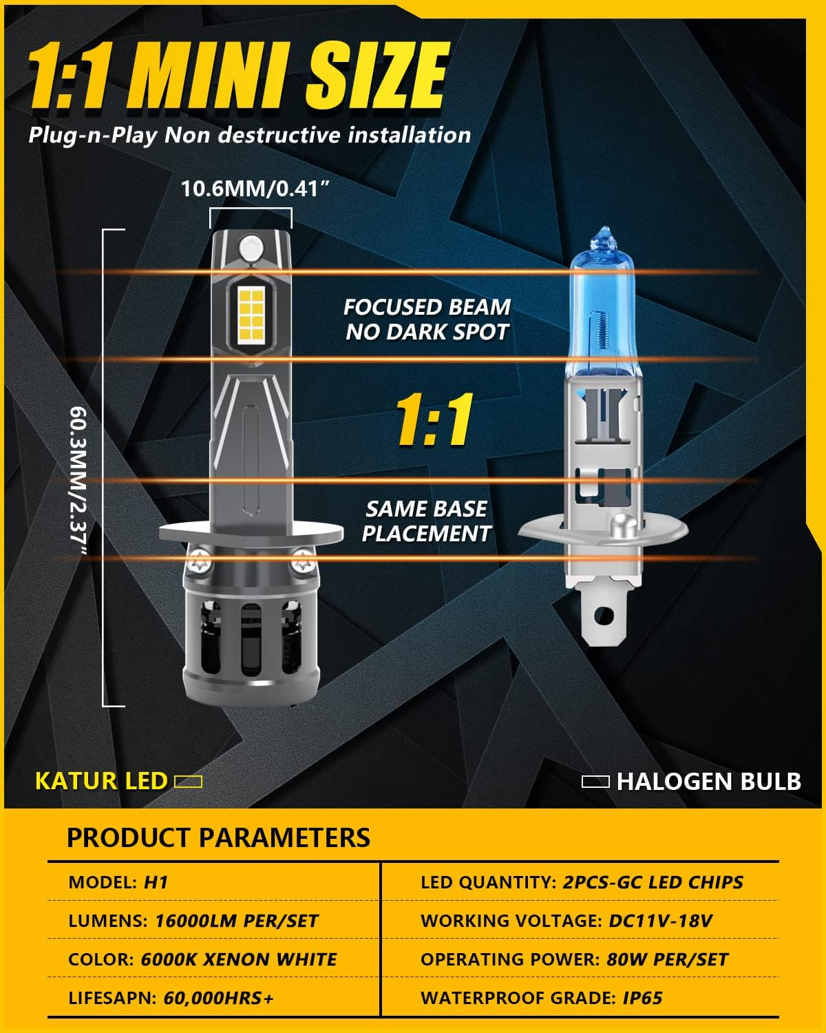 KATUR H1 LED Headlight Bulbs, 400% Brightness 16000LM 6000K Xenon White 1:1 Mini Size All-In-One Conversion Kit Non-Polarity No Adapter Required Plug and Play H1 LED Fog Light Bulb, Pack of 2