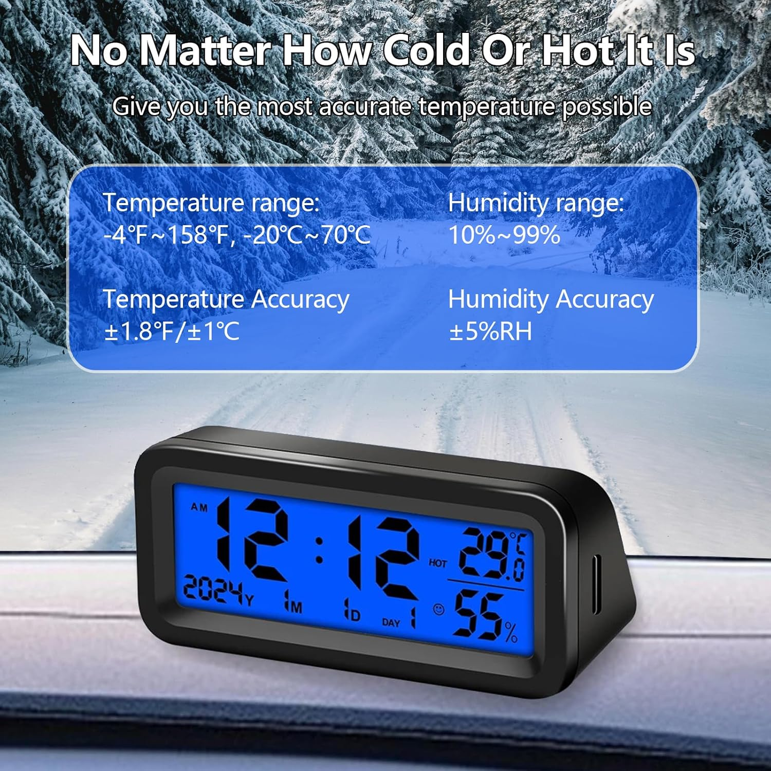 Dashboard Clock with Automatic Backlight at Night(Green & Blue), Temperature and Humidity Monitor, 12/24 Hour Format Time, Calendar, Solar Power and Type C Cable Charging for Car Truck