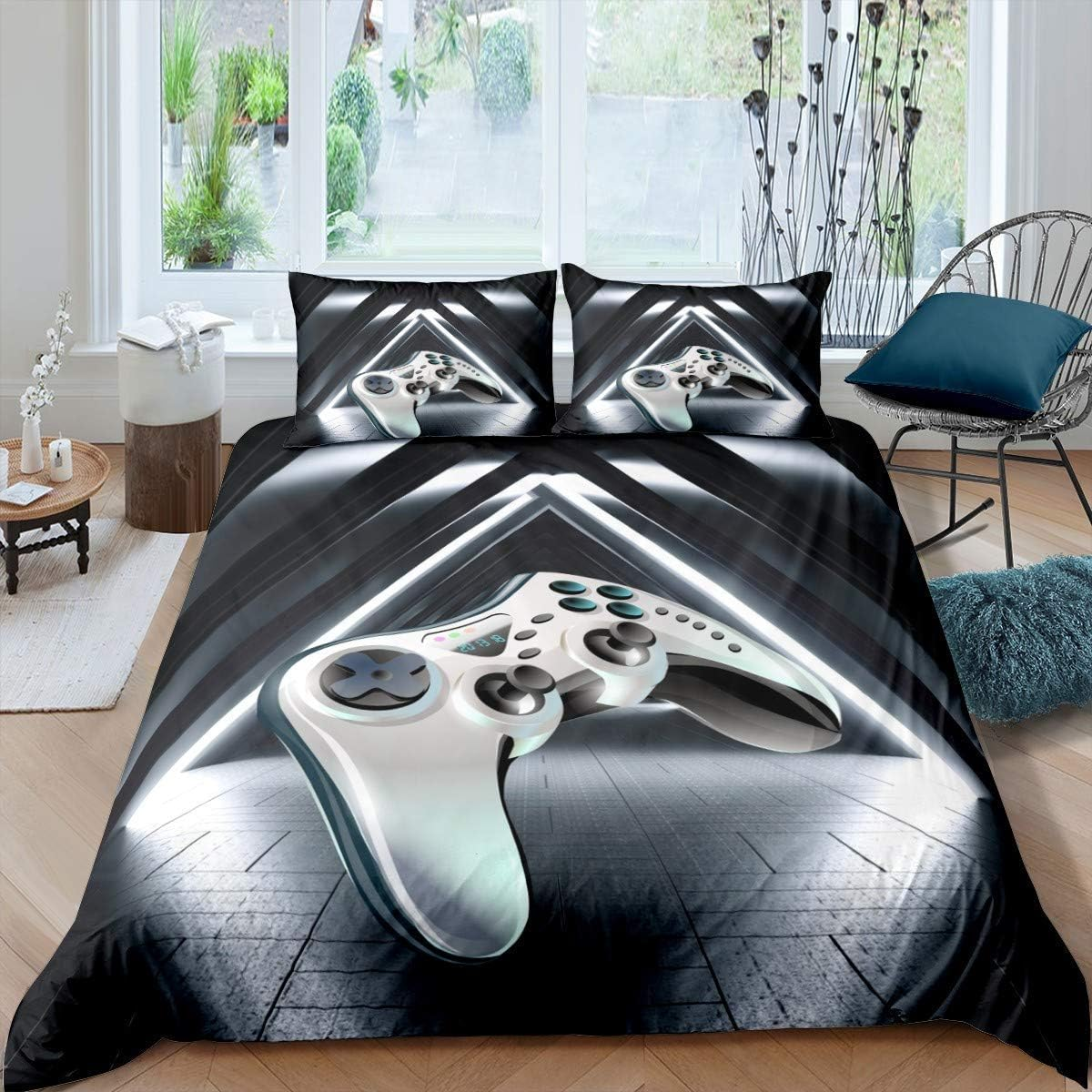 Tbrand Gamepad Bedding Set for Players Children Boys Video Game Gamepad Duvet Cover Set Girls Teen Modern Game Controller Bedding Set 135 X 200 Cm Novelty Action Buttons Decor Grey White