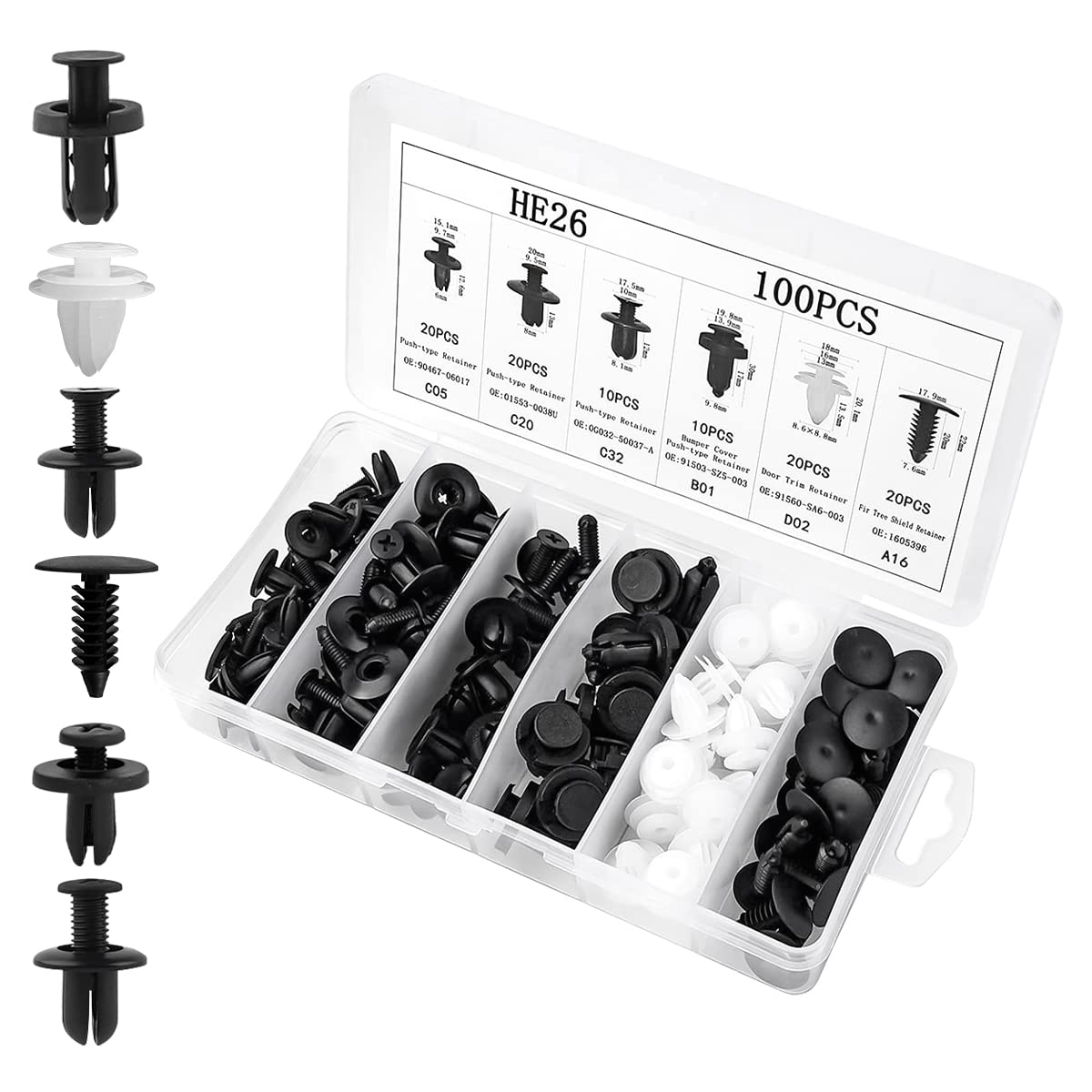 100PCS 6 Sizes Car Retainer Clips Set, Auto Door Trim Panel Clips, Bumper Push Rivet Clips with Storage Box, Expansion Screws Replacement Kit Accessories, Universal for GM, Ford, Toyota, Chrysler image number 1