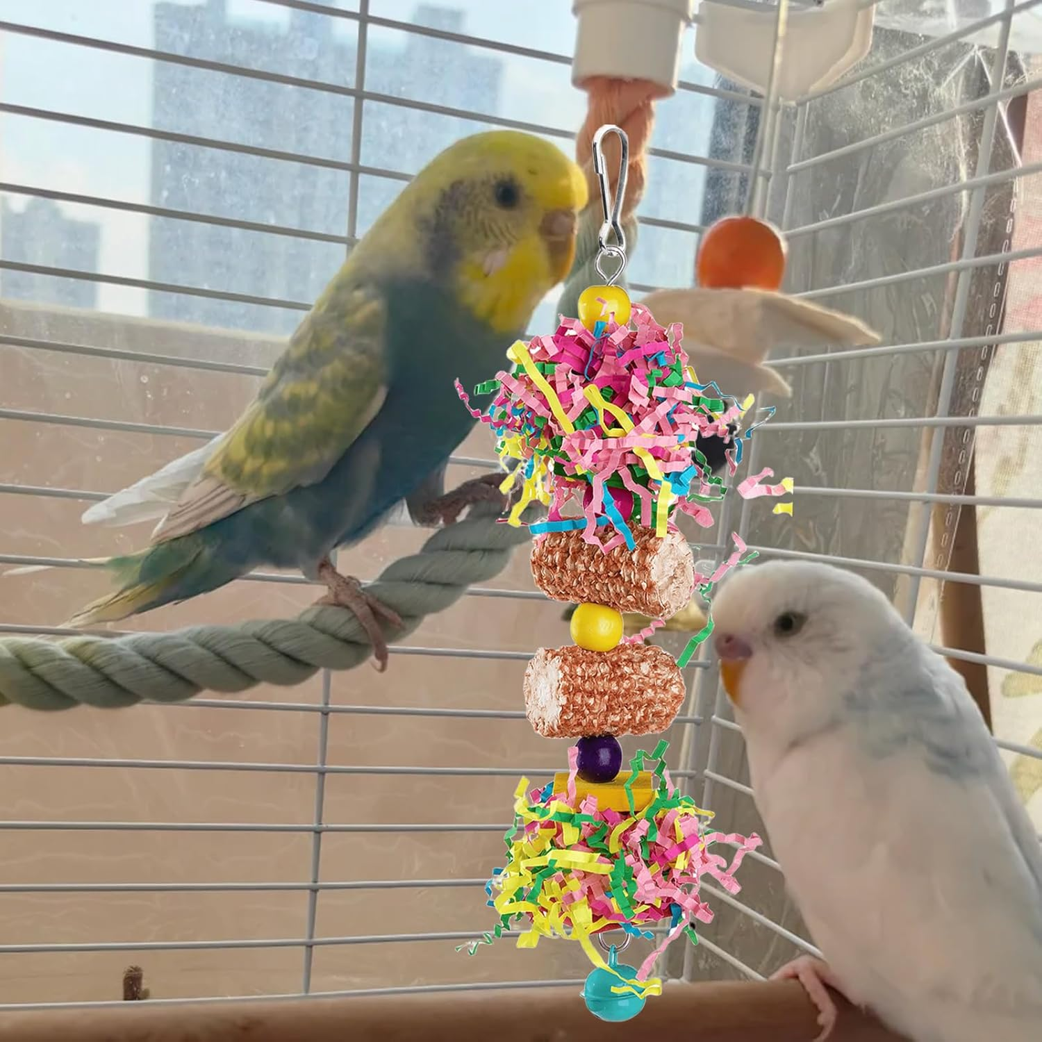 Widenlise 2 Pcs Bird Toys, Bird Shredding Toys, Parrot Chewing Toys, Cockatiel Toys, Include Natural Corn Cob Bells, Hanging Foraging Shredder Toy for Parakeets Budgies, Conures, Finches, A - A image number 3