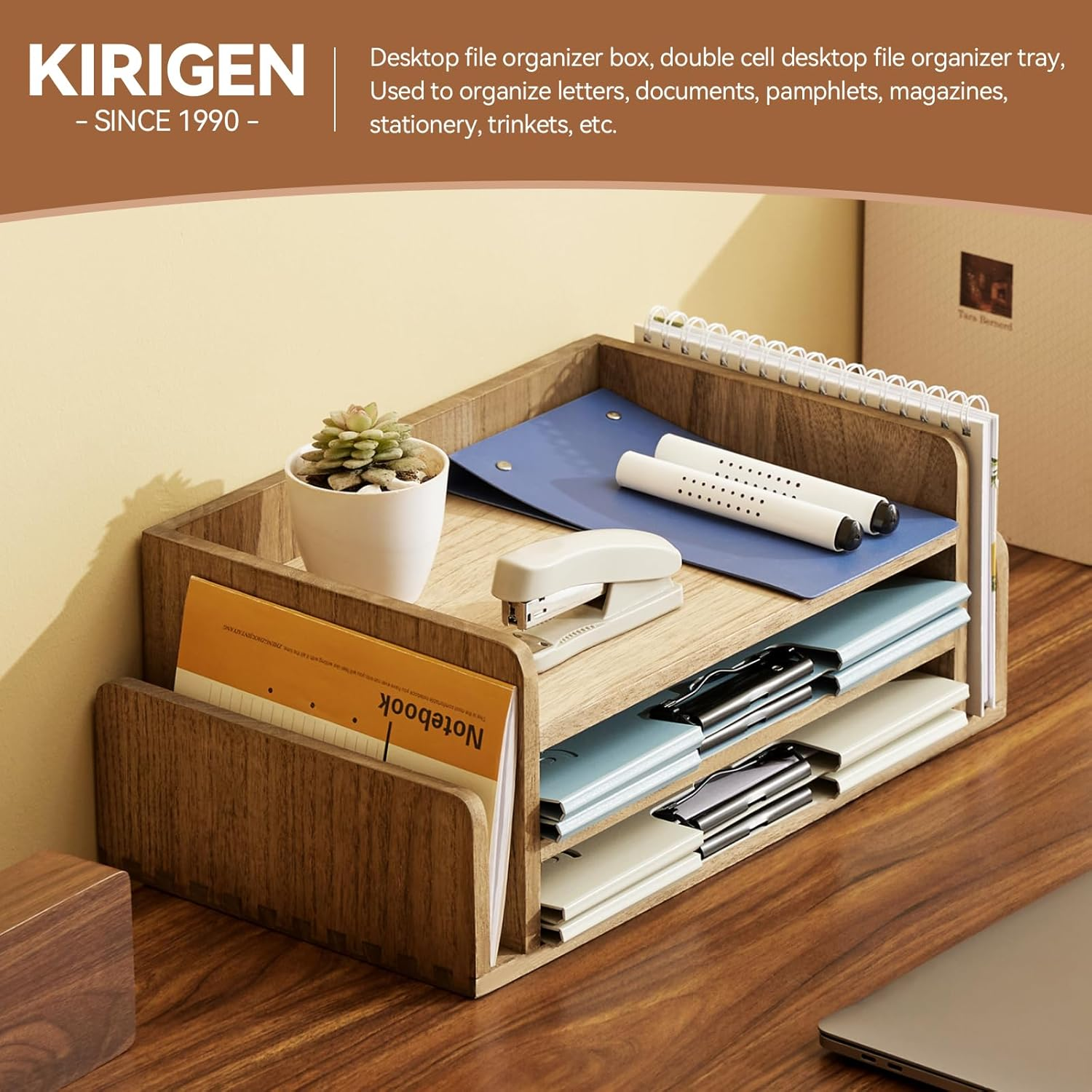 Kirigen Wood Desk Organizer 5 Trays - Desktop Document Letter Tray for Folders, Mail,File -Nature 3-Tier Office Mail Sorter Organizer Rack/Telephone Stand/Document Holder Dark Brown(2Tp-Dbr) image number 1