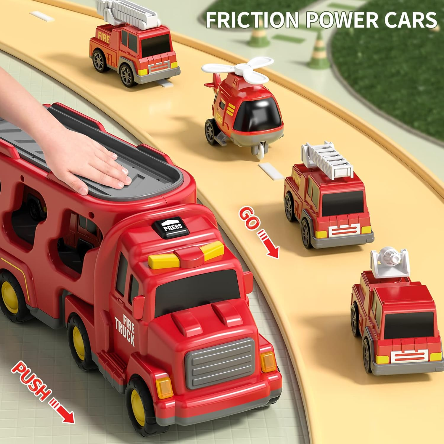 TEMI Fire Truck Toys for 2 3 4 5 6 Years Old Boys Girls - 5 in 1 Carrier Truck Transport for Toddlers 1-3, Friction Power Fire Engine Toys for Kids 3-5, Christmas Birthday Gifts