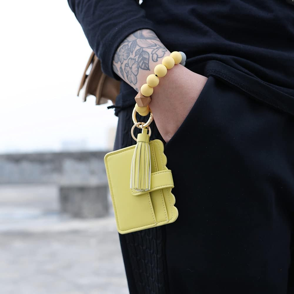 Silicone Beaded Bracelet Leather Keychain Wallet ID Card Holder Keyring Wristlet Bracelet Key Ring Chain Tassel Purse Women Girls Yellow image number 2