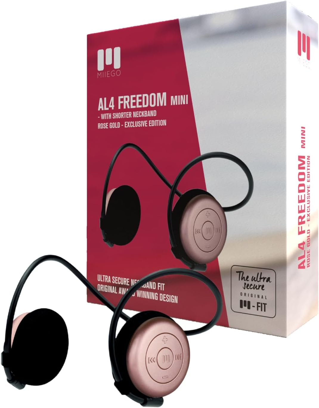 MIIEGO AL4 Freedom Mini Bluetooth Headphones - Short Neckband & Secure Fit - Wireless & Waterproof - Clear Sound & Long Battery - Rose Gold