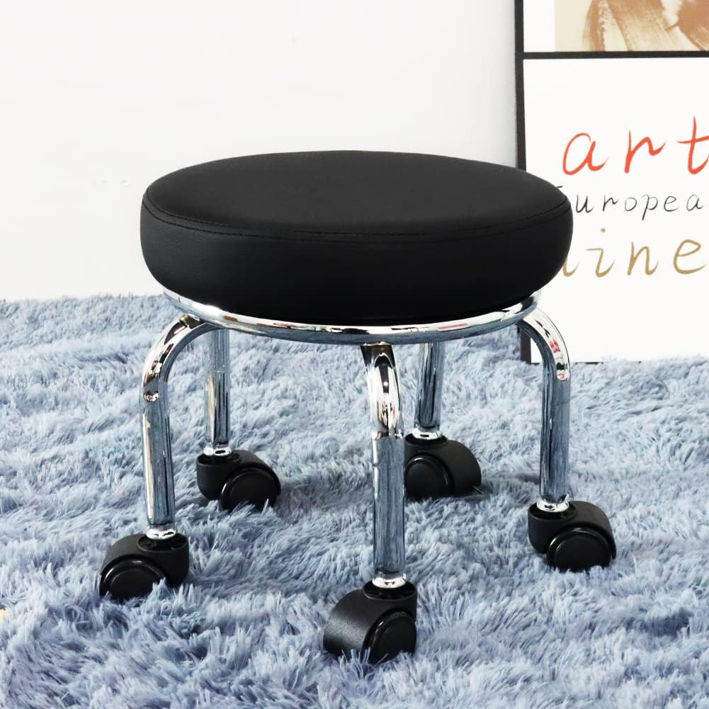 WKWKER Modern Roller Seat PU Leather Low round Rolling Stool 360&deg; Swivel Small Stool with Universal Caster Wheels Foot Stool for Home Office Garage Shop Fitness Sport H：12.4" （Black） image number 4