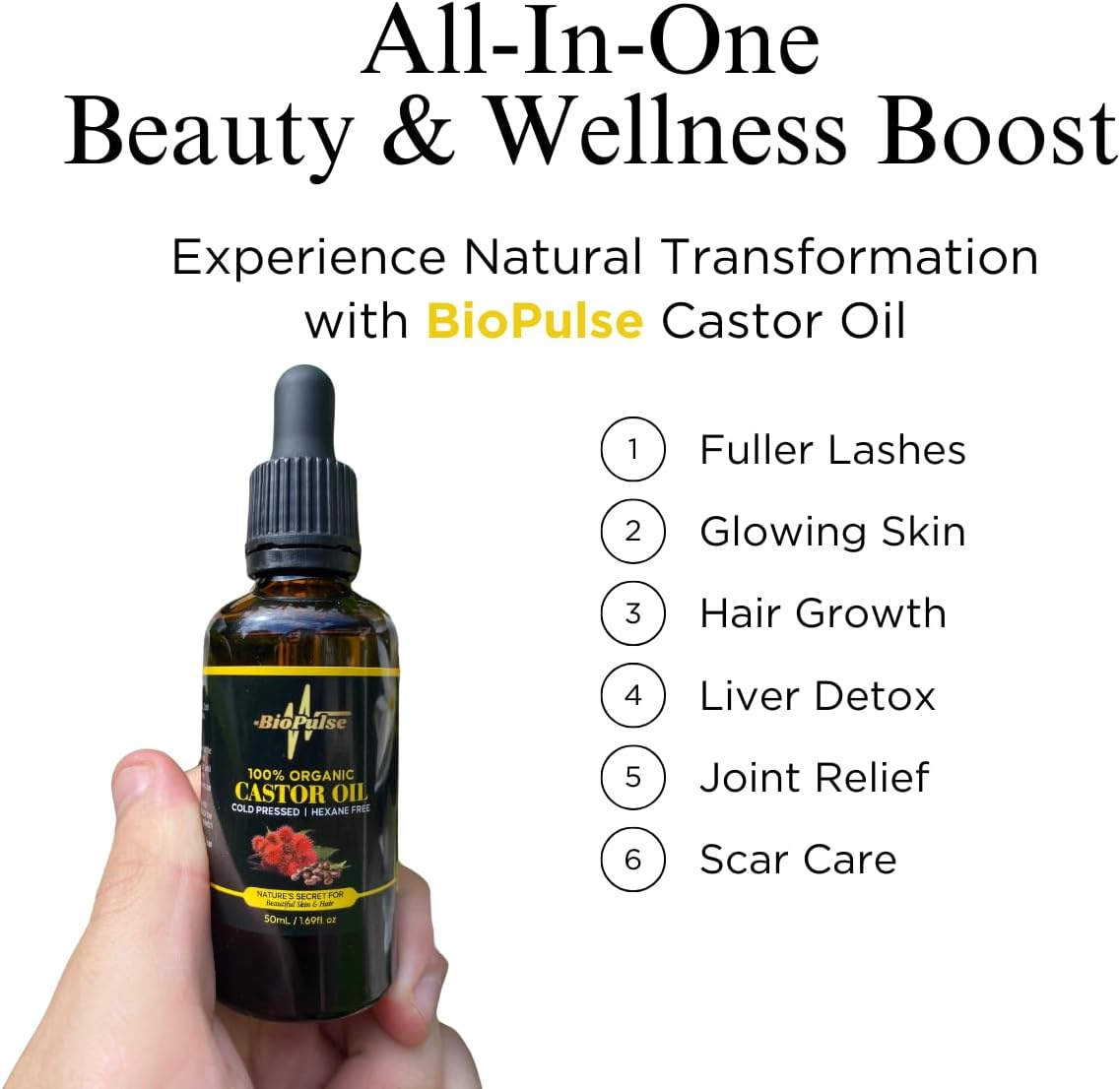 Biopulse Organic Castor Oil, 100% Pure Cold-Pressed, Hexane-Free - Stimulate Hair Growth & Hydrate Skin, Nourish Eyelashes, Brows & Nails with Natural Moisturising Oil (50Ml Glass Bottle) image number 3