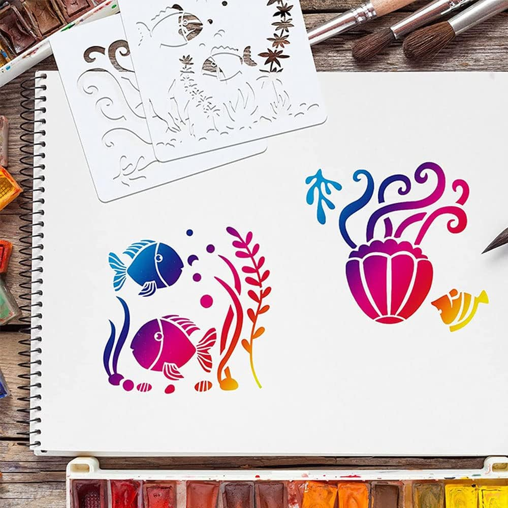 Stencils for Painting Ocean Theme, Reusable Sea Creature Mermaid Stencil Template for Painting on Wood, Wall, Scrapbook (White) image number 4