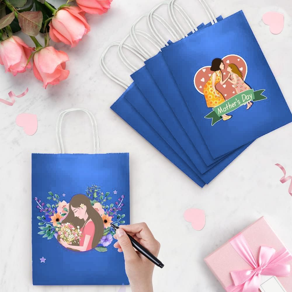 100 PCS Paper Bags with Handles,21 * 15 * 8CM Small Gift Bags,Kraft Paper Bags for Birthday Party Favors,Retail Shopping,Wedding,Christmas Bulk,Lunch (Blue) - White image number 3