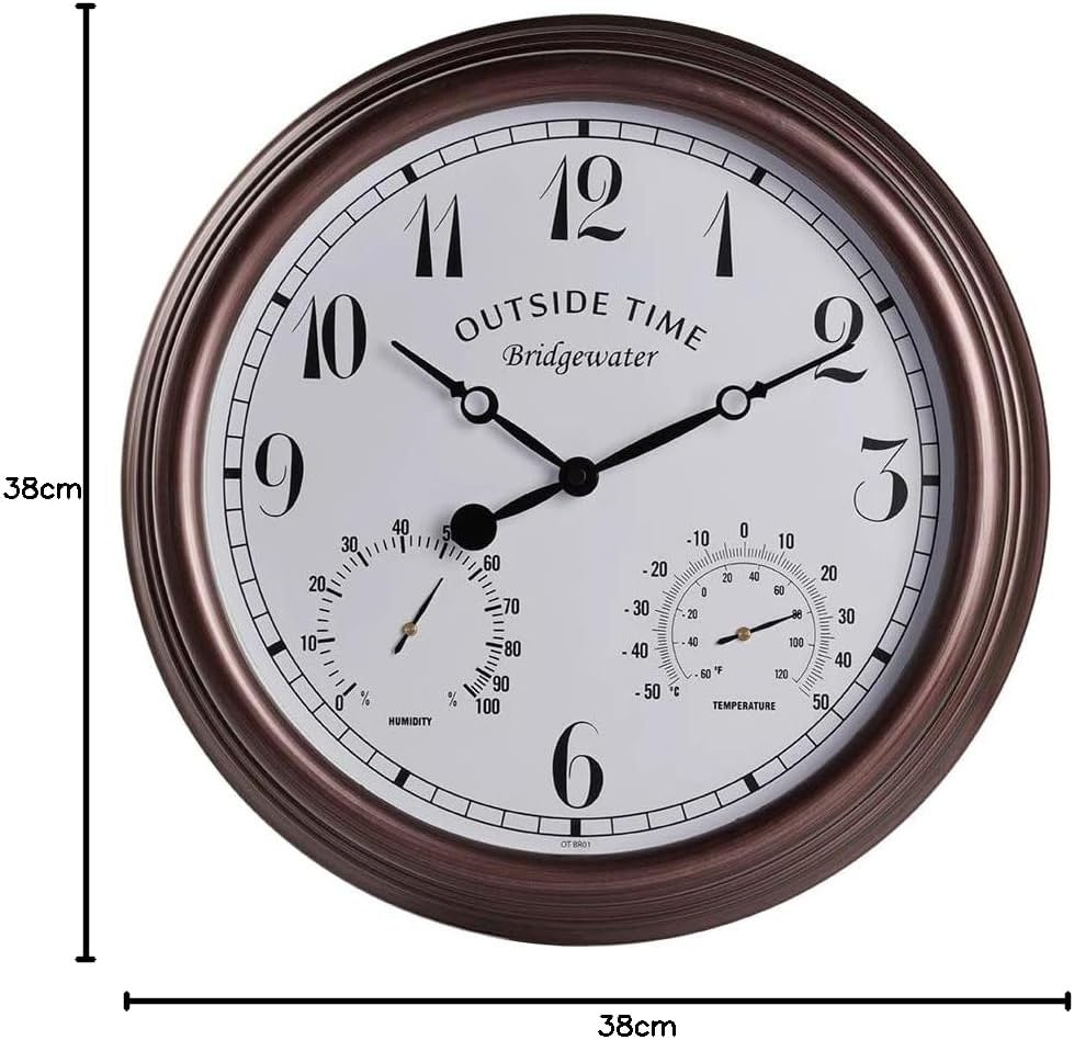 Outside Time Bridgewater Outdoor Wall Clock, 38Cm, Weatherproof, Thermometer and Hygrometer, Brown for Outdoor, Patio, Home or Garden D&eacute;cor (OT BR01)
